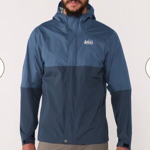 REI Coop Men's Rainier Rain Jacket Navy Blue Packable M Hiking Trail Camping